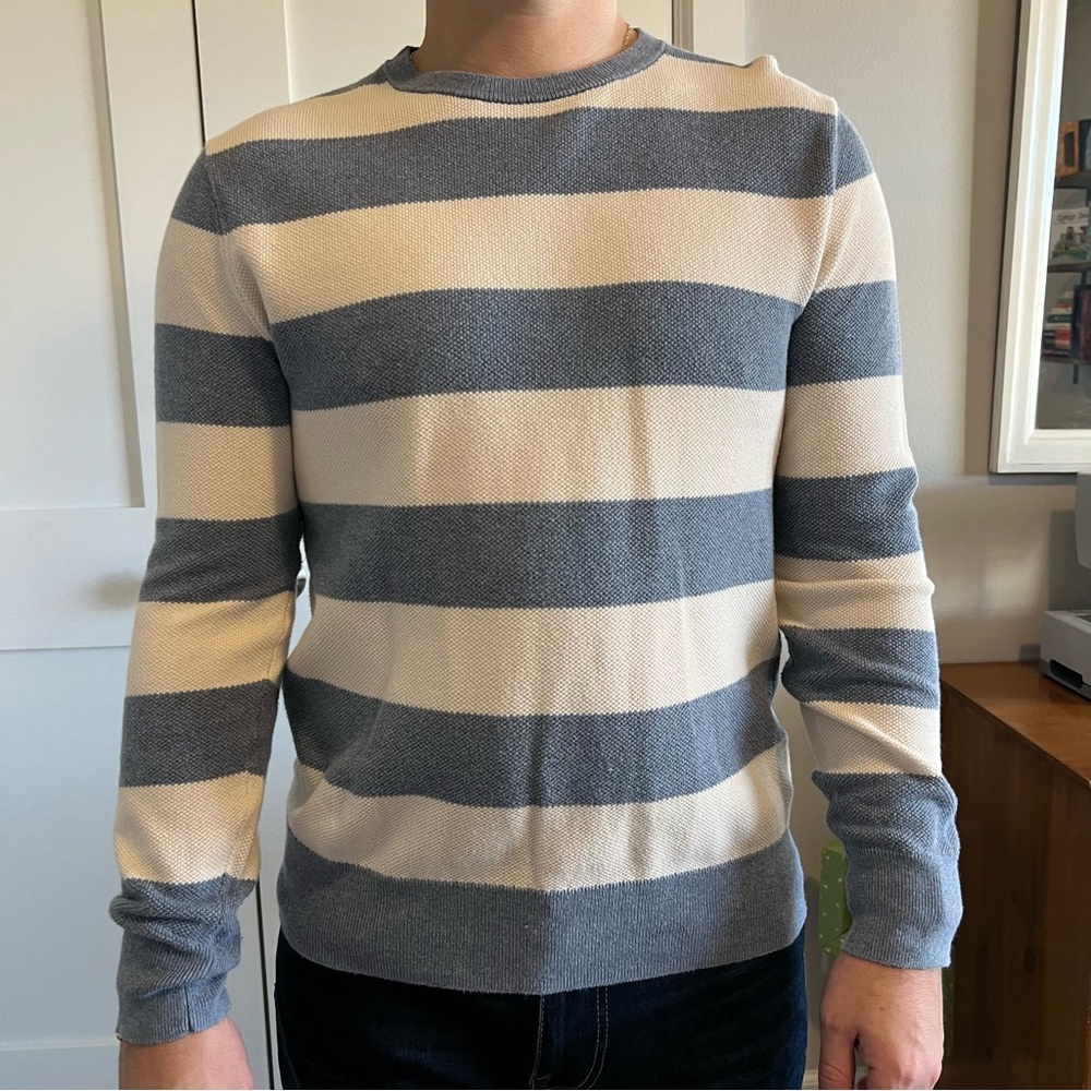 J. Crew Men's Blue and Cream Striped Crewneck Sweater Size Small